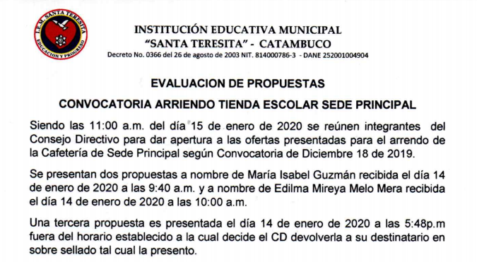 EVALUACIÓN DE PROPUESTAS ARRIENDO TIENDA ESCOLAR SEDE PRINCIPAL |  Institución Educativa Municipal Santa Teresita